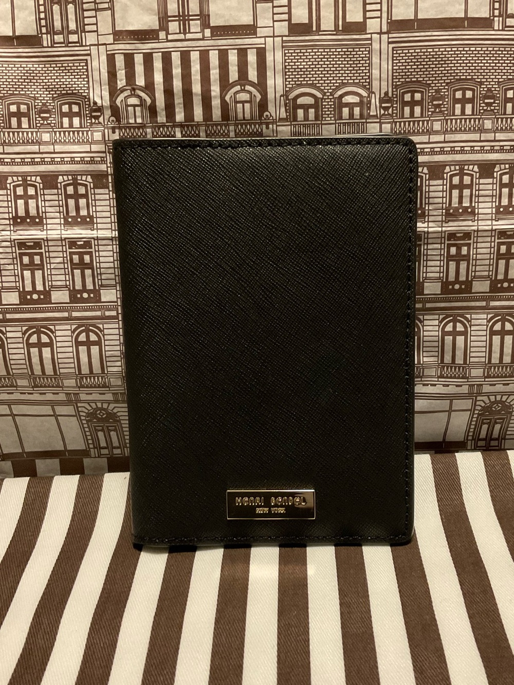 Henri Bendel Black Passport Holder with Gold Plate & Centennial Stripe Interior